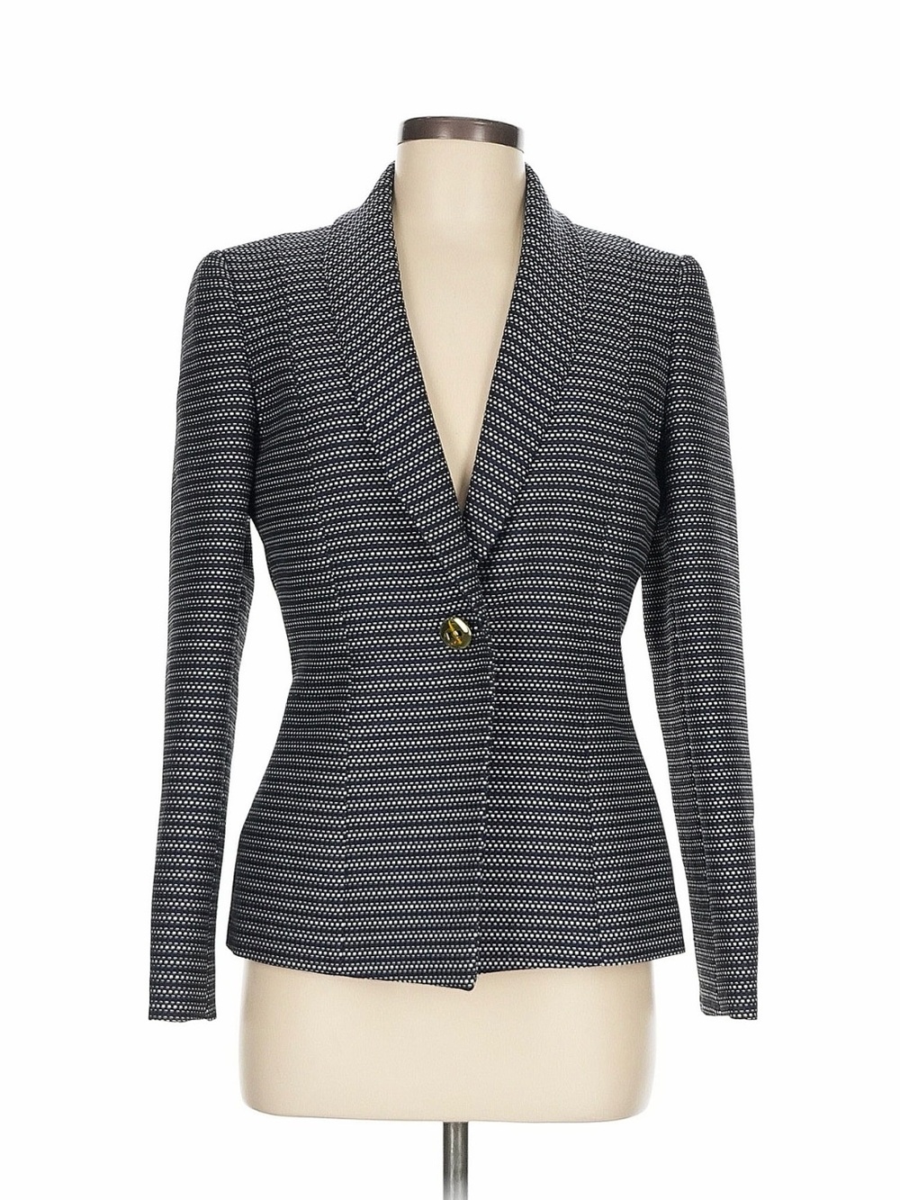 Tahari ASL Boucle Tweed Blazer Shawl Collar Gold Button Black White Size 6